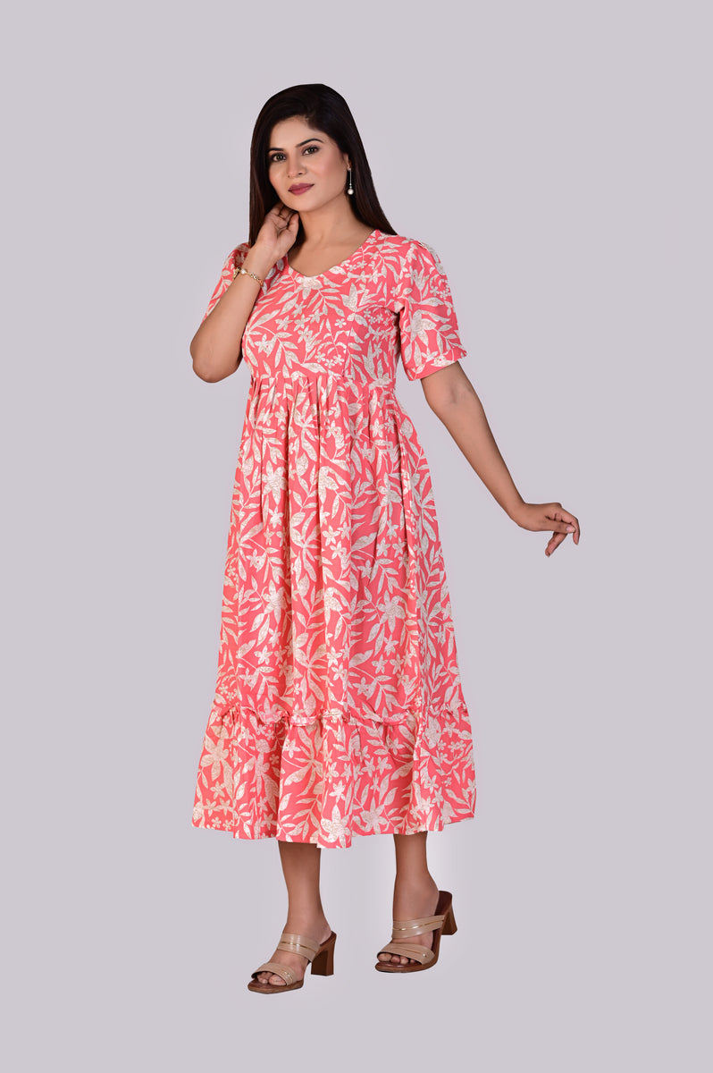 Ofably Flower Printed Cotton Maternity Feeding Dress -Dark Green (OFMK134)
