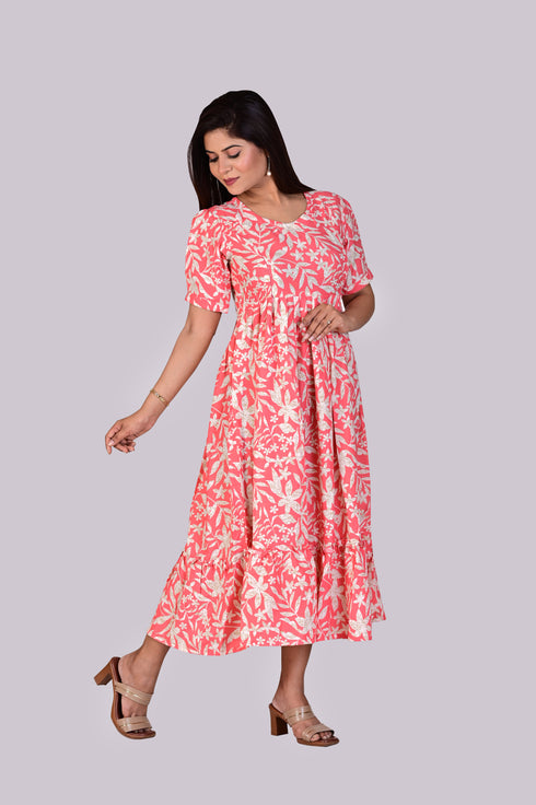 Feeding/Maternity Pink Flower Print Dress IP2424 - 1 Piece