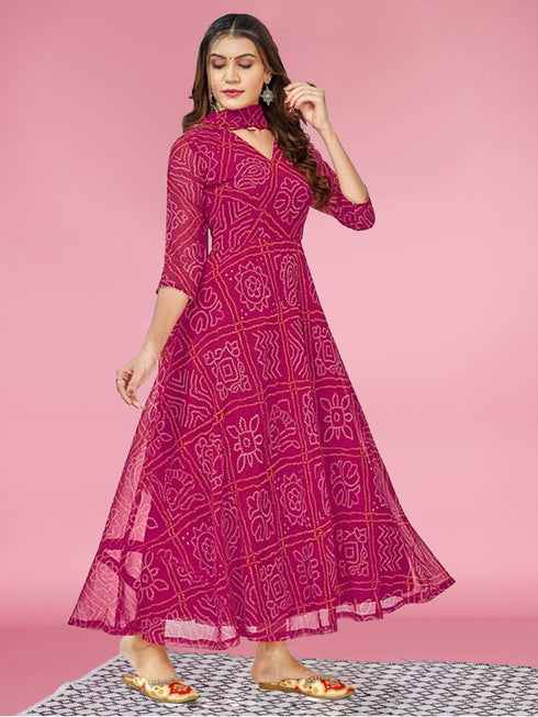 Pink Bandhani Printed Kurti and Dupatta IP2433 - 2 Piece