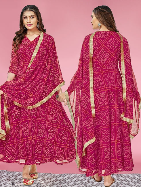 Pink Bandhani Printed Kurti and Dupatta IP2433 - 2 Piece