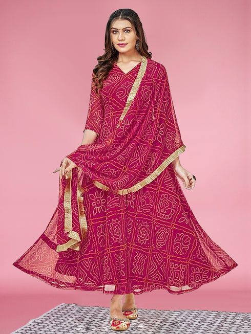 Pink Bandhani Printed Kurti and Dupatta IP2433 - 2 Piece