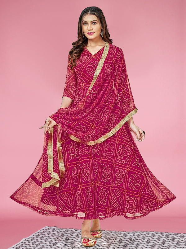 Pink Bandhani Printed Kurti and Dupatta IP2433 - 2 Piece