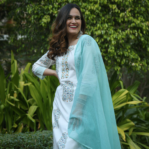 White with Print Kurti, Aqua blue Pant and Dupatta IP2425 - 3 Piece