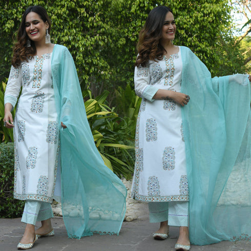 White with Print Kurti, Aqua blue Pant and Dupatta IP2425 - 3 Piece