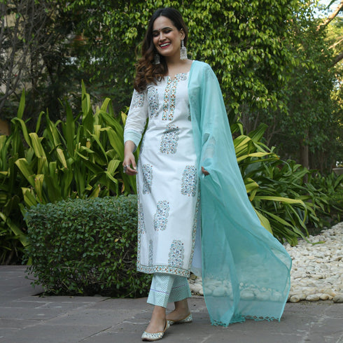 White with Print Kurti, Aqua blue Pant and Dupatta IP2425 - 3 Piece