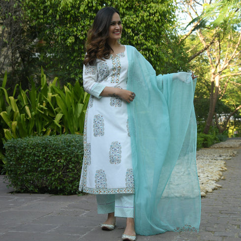 White with Print Kurti, Aqua blue Pant and Dupatta IP2425 - 3 Piece