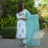 White with Print Kurti, Aqua blue Pant and Dupatta IP2425 - 3 Piece