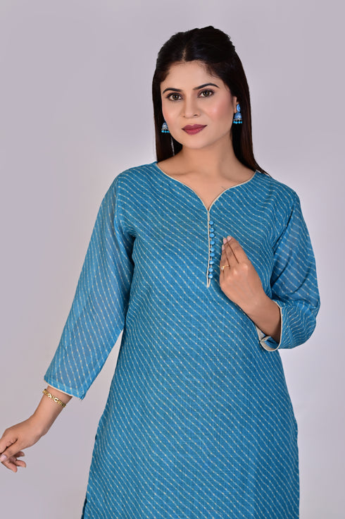 Blue Linen Kurti, Pant and Dupatta IP2422 - 3 Piece