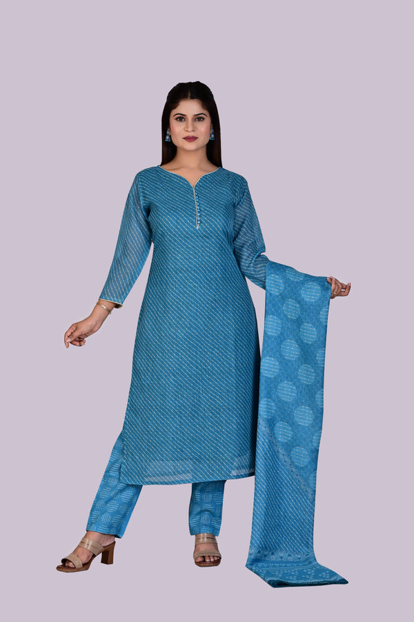 Blue Linen Kurti, Pant and Dupatta IP2422 - 3 Piece