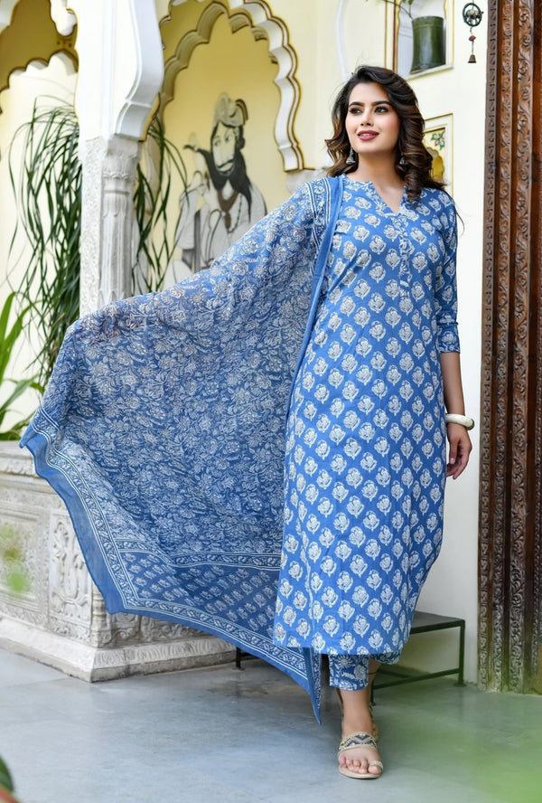 Light Blue V-neck jaipuri Printed Kurti, Pant and Dupatta IP2429 - 3 Piece