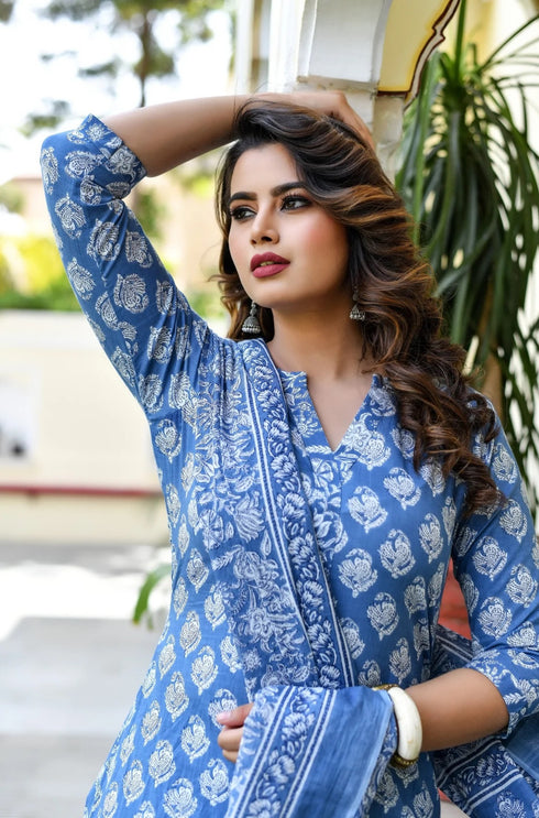 Light Blue V-neck jaipuri Printed Kurti, Pant and Dupatta IP2429 - 3 Piece