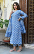 Light Blue V-neck jaipuri Printed Kurti, Pant and Dupatta IP2429 - 3 Piece