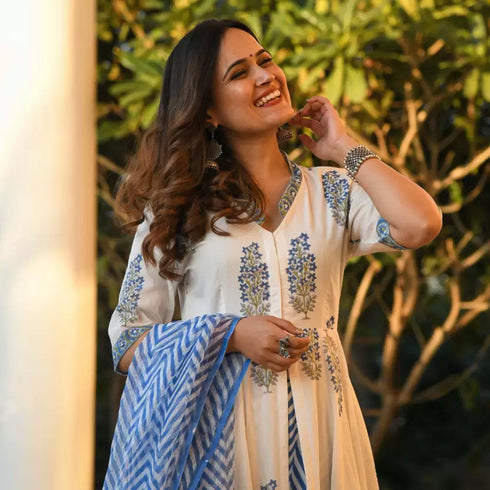 White Blue jaipuri Printed with front slit Kurti, Pant and Dupatta IP2430 - 3 Piece