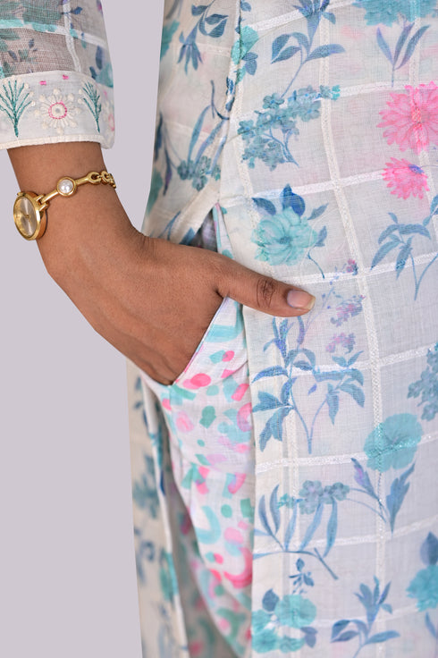 White Color Multi Color Flower Print Kurti, Pant and Dupatta IP2418 - 3 Piece