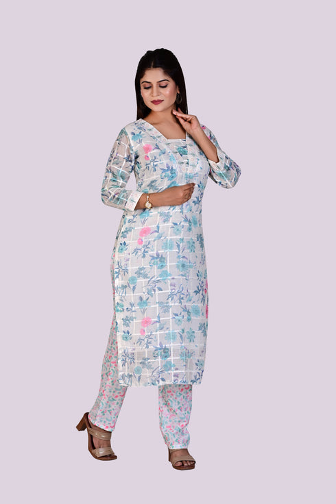 White Color Multi Color Flower Print Kurti, Pant and Dupatta IP2418 - 3 Piece