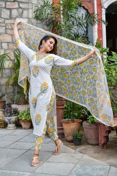 White with Yellow V-neck Print Kurti, Pant and Dupatta IP2427 - 3 Piece