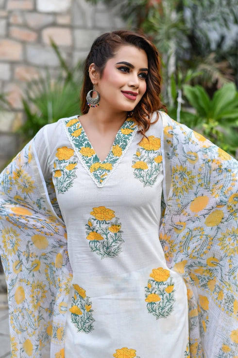 White with Yellow V-neck Print Kurti, Pant and Dupatta IP2427 - 3 Piece