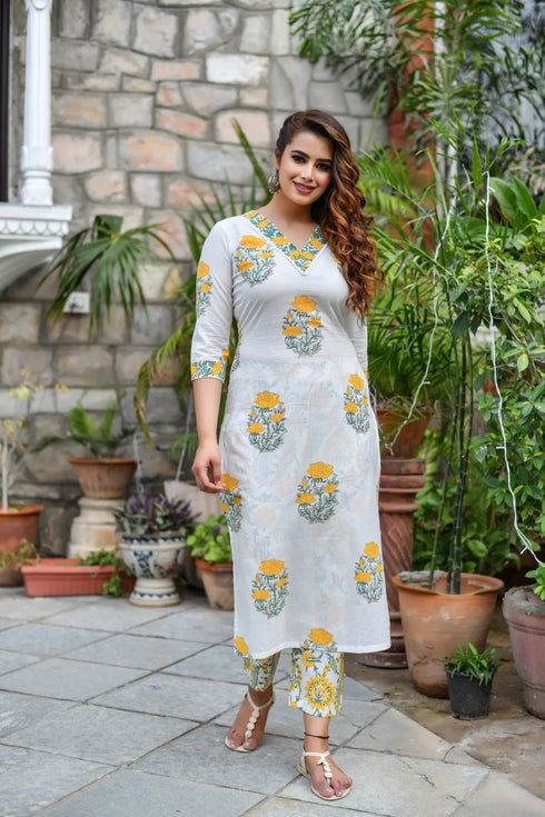White with Yellow V-neck Print Kurti, Pant and Dupatta IP2427 - 3 Piece