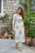 White with Yellow V-neck Print Kurti, Pant and Dupatta IP2427 - 3 Piece