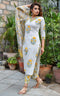 White with Yellow V-neck Print Kurti, Pant and Dupatta IP2427 - 3 Piece