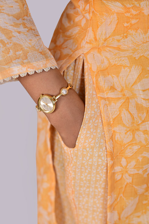 Yellow Cotton Flower Printed Kurti, Pant and Dupatta IP2419 - 3 Piece