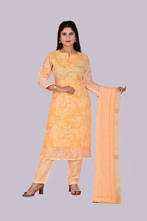 Yellow Cotton Flower Printed Kurti, Pant and Dupatta IP2419 - 3 Piece