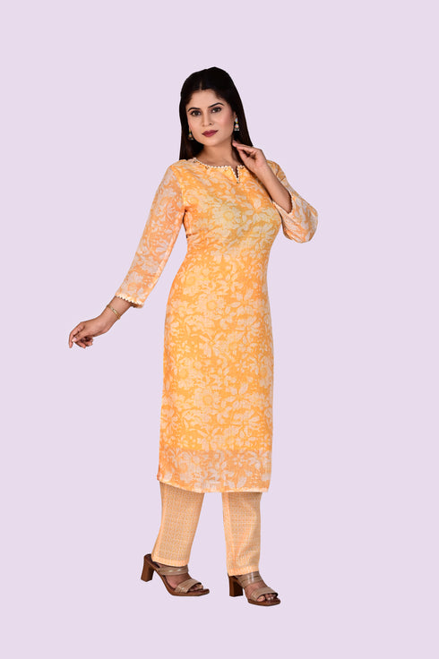 Yellow Cotton Flower Printed Kurti, Pant and Dupatta IP2419 - 3 Piece