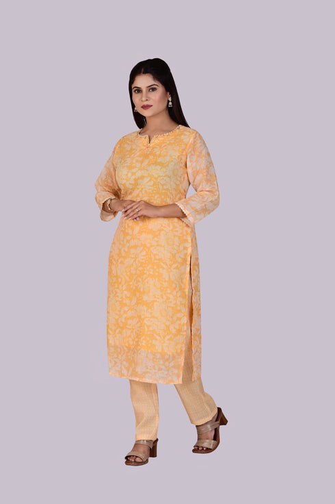 Yellow Cotton Flower Printed Kurti, Pant and Dupatta IP2419 - 3 Piece