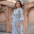 V-neck White Blue jaipuri Printed Kurti, Pant and Dupatta IP2431 - 3 Piece