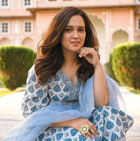 V-neck White Blue jaipuri Printed Kurti, Pant and Dupatta IP2431 - 3 Piece