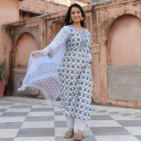 V-neck White Blue jaipuri Printed Kurti, Pant and Dupatta IP2431 - 3 Piece