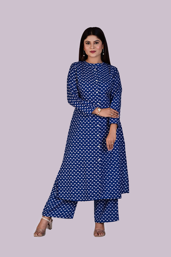 Dark Blue White Lotus Print Kurti and Pant IP2410 - 2 Piece