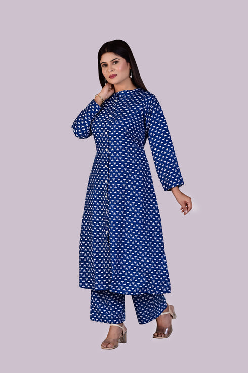 Dark Blue White Lotus Print Kurti and Pant IP2410 - 2 Piece