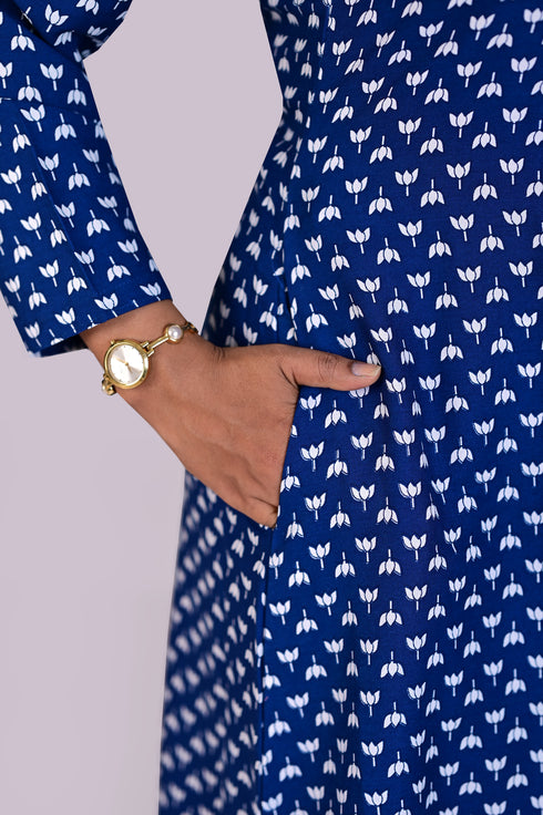 Dark Blue White Lotus Print Kurti and Pant IP2410 - 2 Piece