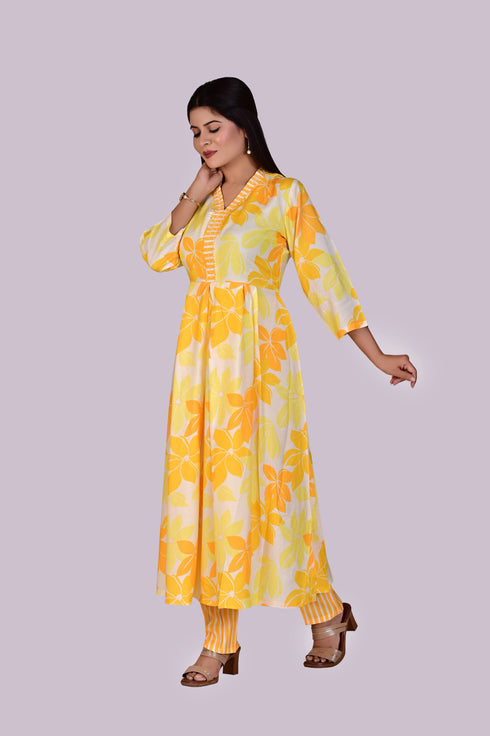 Lemon Yellow Flower Print Kurti and Pant IP2411/1YEL - 2 Piece