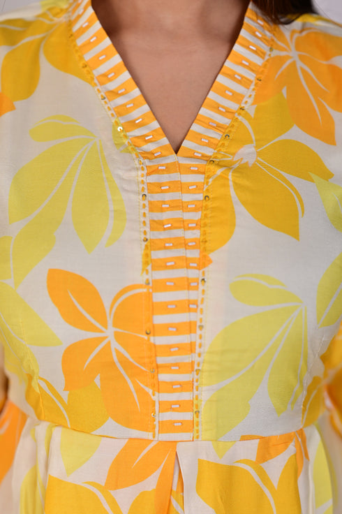 Lemon Yellow Flower Print Kurti and Pant IP2411/1YEL - 2 Piece