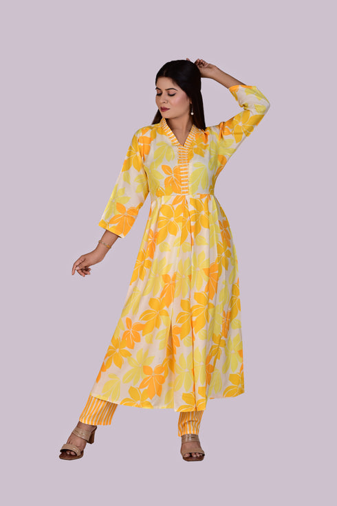 Lemon Yellow Flower Print Kurti and Pant IP2411/1YEL - 2 Piece