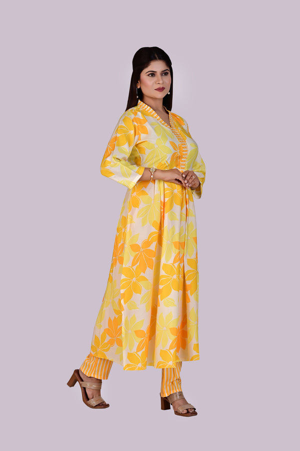 Lemon Yellow Flower Print Kurti and Pant IP2411/1YEL - 2 Piece