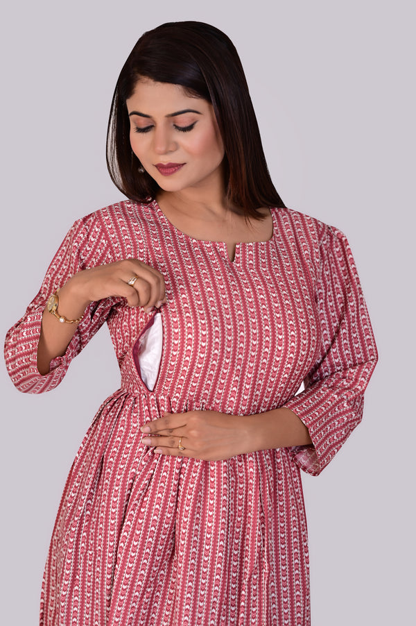Feeding/Maternity Maroon Red Print Dress IP2423/1RED - 1 Piece