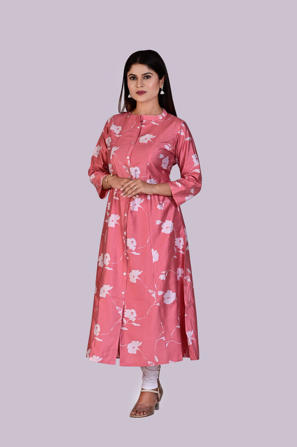 Peach Pink Flower Print Kurti IP2407 - 1 Piece