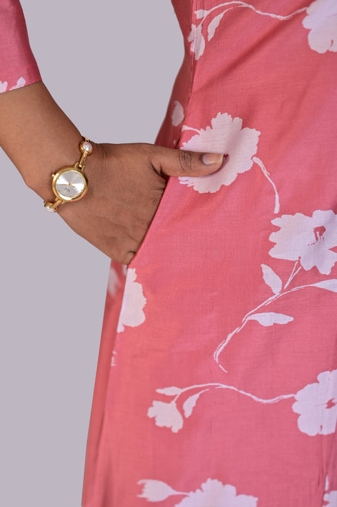 Peach Pink Flower Print Kurti IP2407 - 1 Piece