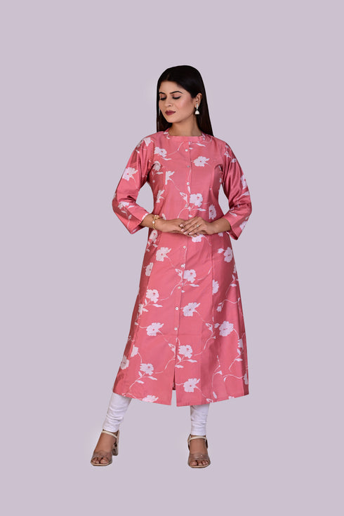 Peach Pink Flower Print Kurti IP2407 - 1 Piece