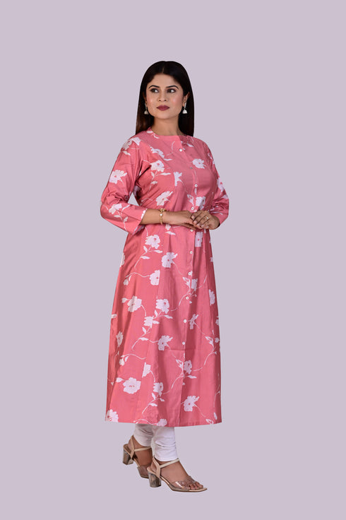 Peach Pink Flower Print Kurti IP2407 - 1 Piece