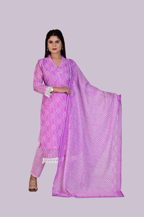 Purple Thread Work Kurti, Pant and Dupatta IP2417 - 3 Piece
