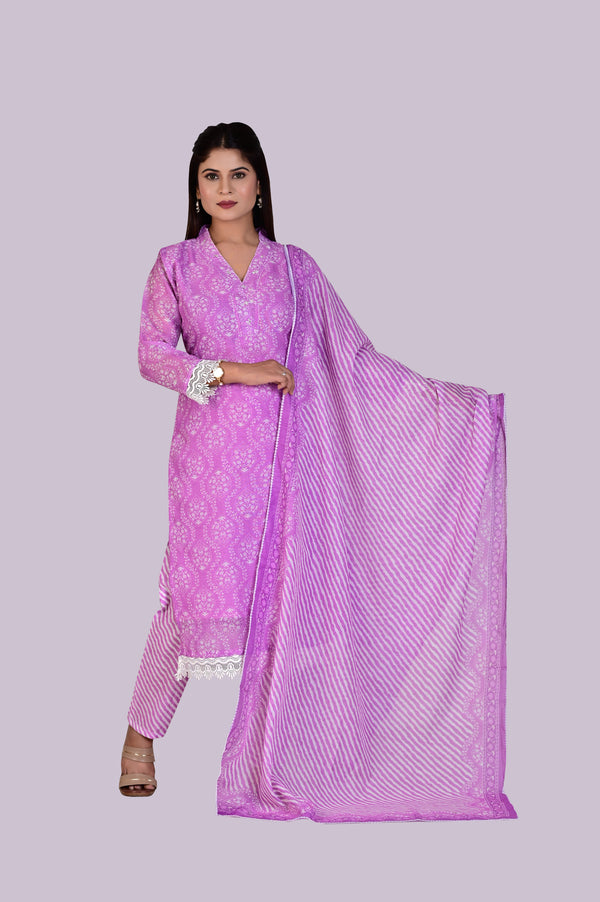 Purple Thread Work Kurti, Pant and Dupatta IP2417 - 3 Piece