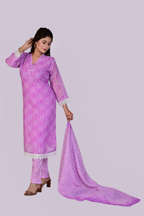 Purple Thread Work Kurti, Pant and Dupatta IP2417 - 3 Piece