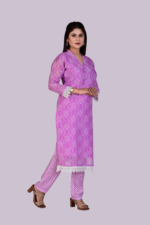 Purple Thread Work Kurti, Pant and Dupatta IP2417 - 3 Piece