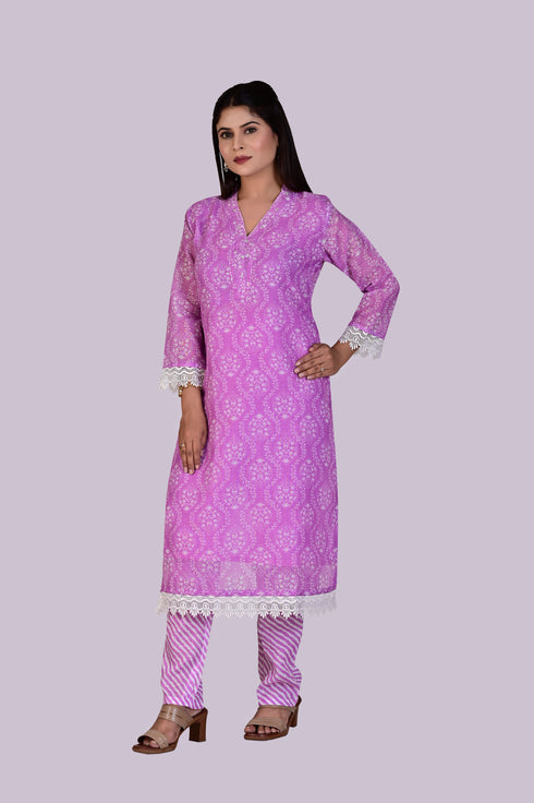 Purple Thread Work Kurti, Pant and Dupatta IP2417 - 3 Piece
