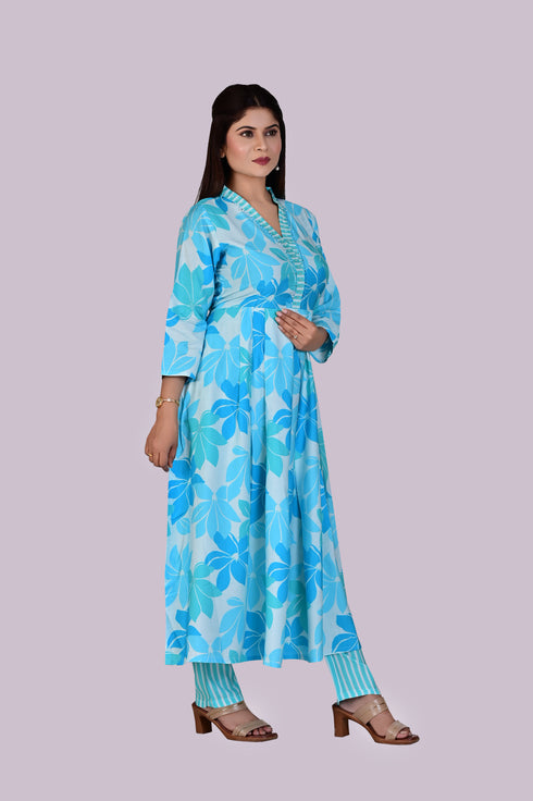 Sky Blue Flower Print Kurti and Pant IP2411/2BLU - 2 Piece
