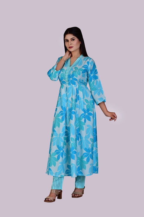 Sky Blue Flower Print Kurti and Pant IP2411/2BLU - 2 Piece